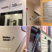 Fundación Cajasol. Sevilla. Carteles en metacrilato con fondo metalizado y letras en color negro, letras exentas en vinilo para interior, letras exentas en acero inoxidable y bronce para exterior e interior y textos corpóreos en metacrilato negro con acabado de latón.